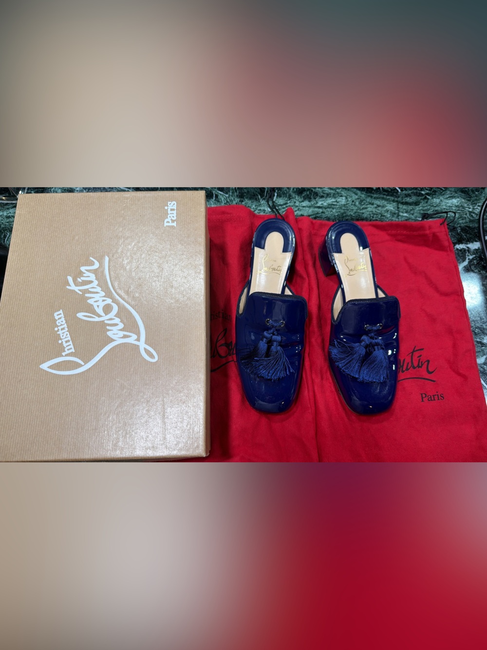 Christian Louboutin patent leather navy blue tassel mules size 38.5